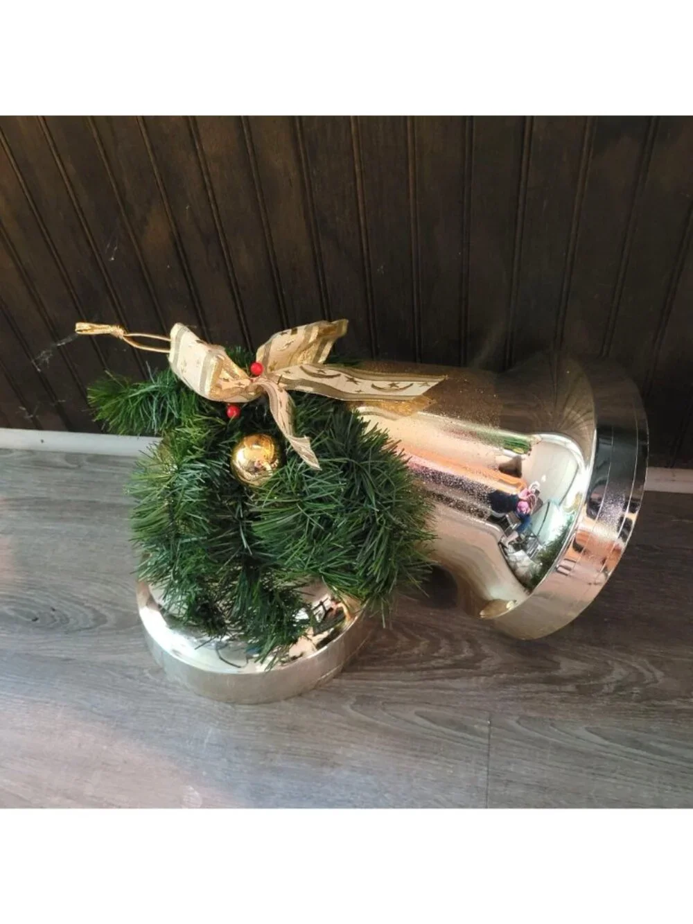 Large Double Gold Christmas Bell Ornament Hanging Plastic Greenery Gold Ribbon
